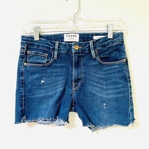 Frame Le Crop Mini Boot Denim Shorts 27 Majesty Blue Distressed Stretch Frayed